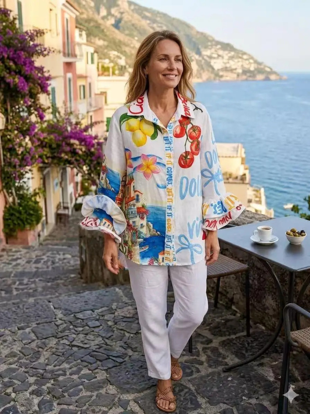 L717 | Loowie Italian Coastal Long Printed Shirt | Ruffle Sleeve | One Size S-L
